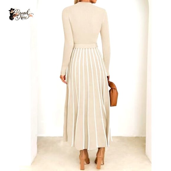 Turtleneck Long Sleeve Sweater Dress Tie Waist Loose Ribbed Knit Midi - Picture 4 of 7